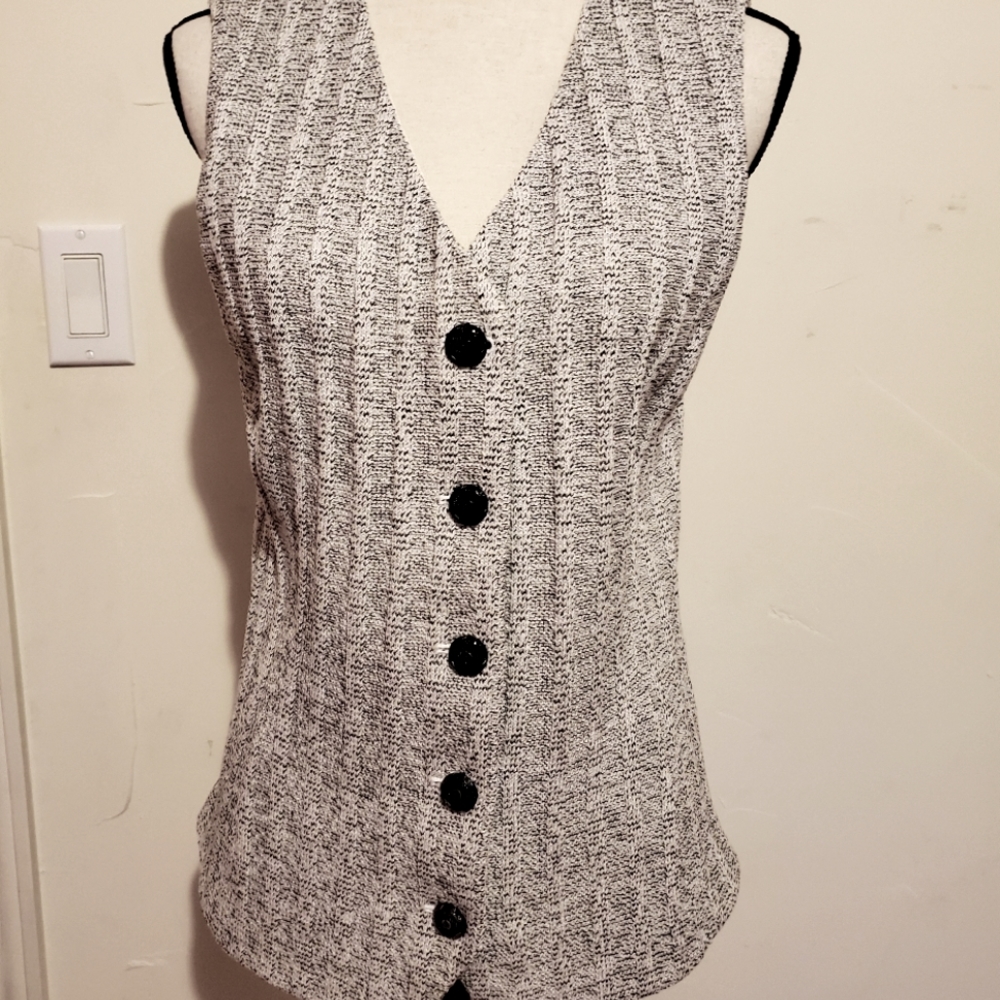 St. John Black & White Textured Knit Button Vest